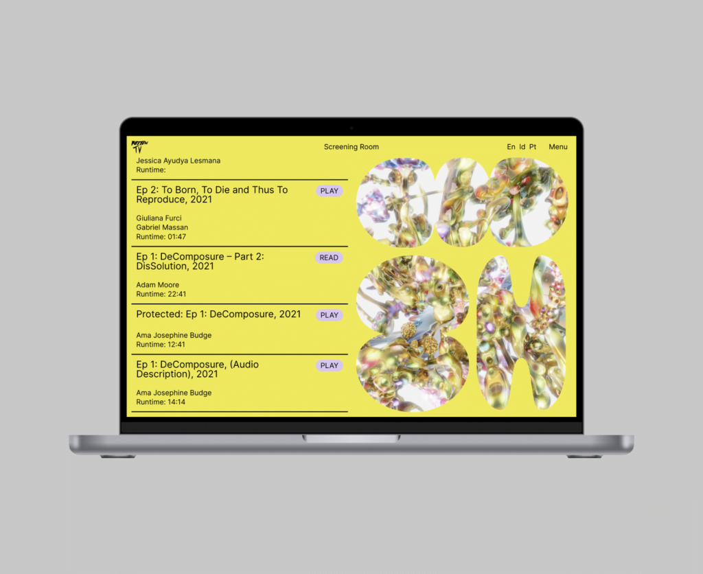 mockup of yellow Rotten TV site with lilac accents and cut out shapes on a macbook