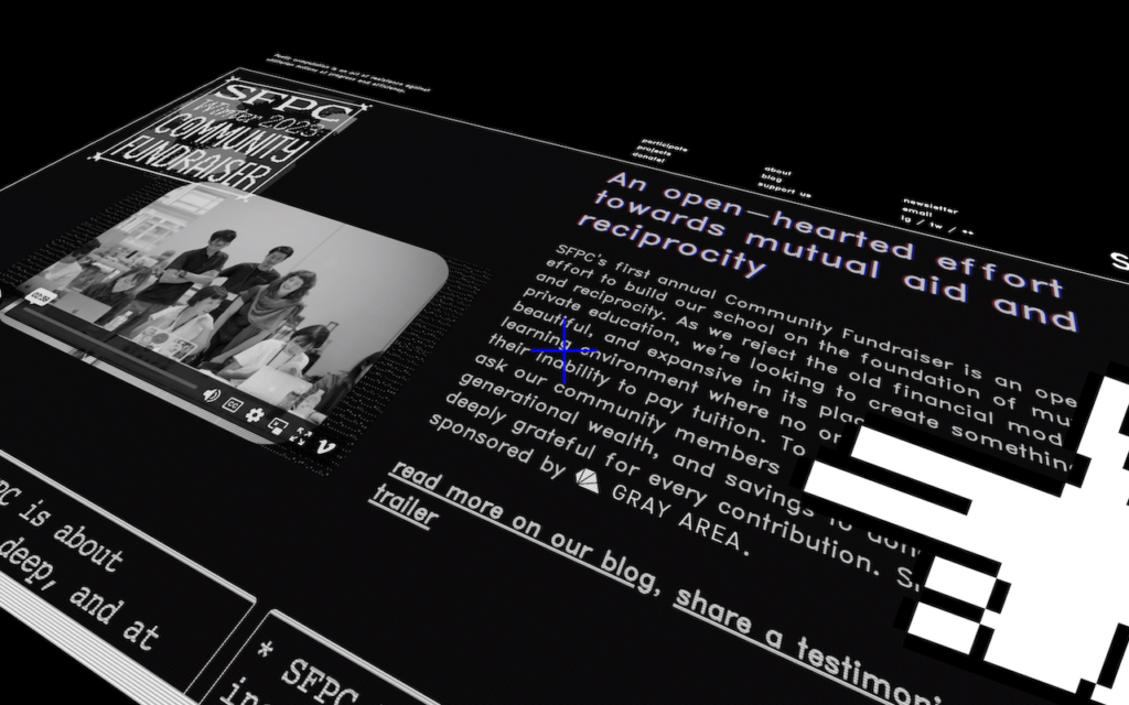 3D angle of a dark website with purple and white text