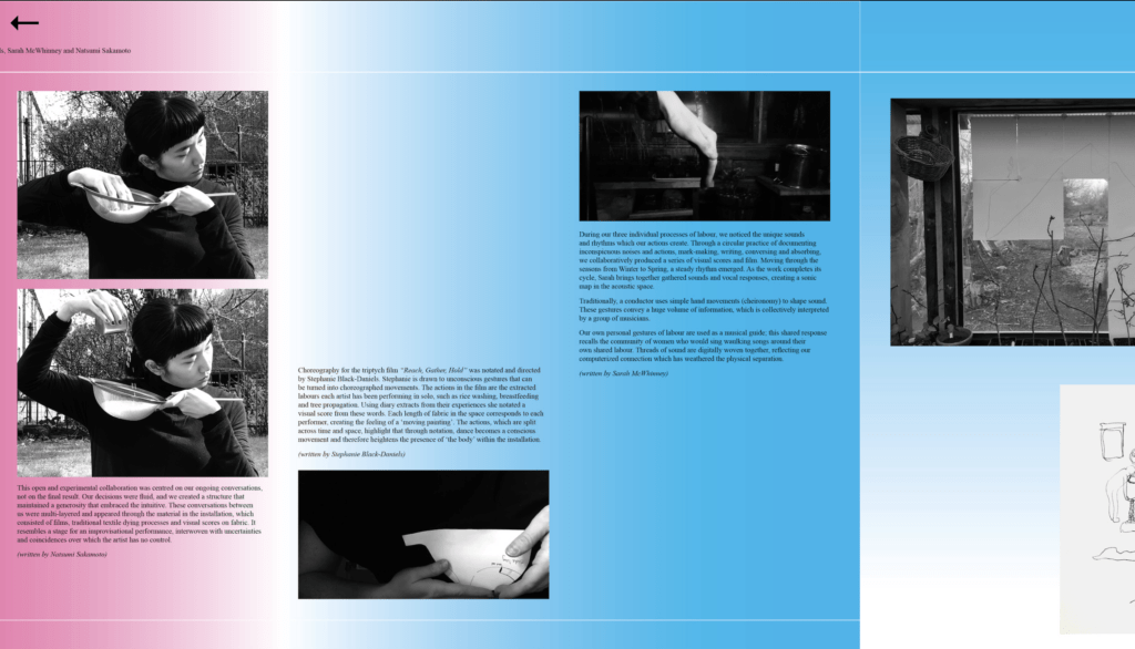 screenshot of a virtual exhibition page on the 16 nicholson street site. pink, white and blue gradient background with black and white images and black text