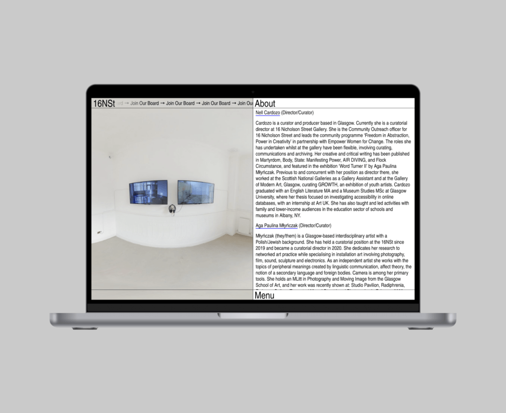 mockup of the About page on 16 nicholson street site. left side has a large image of a room in the gallery with 2 tv screens. right side has a white background with black text