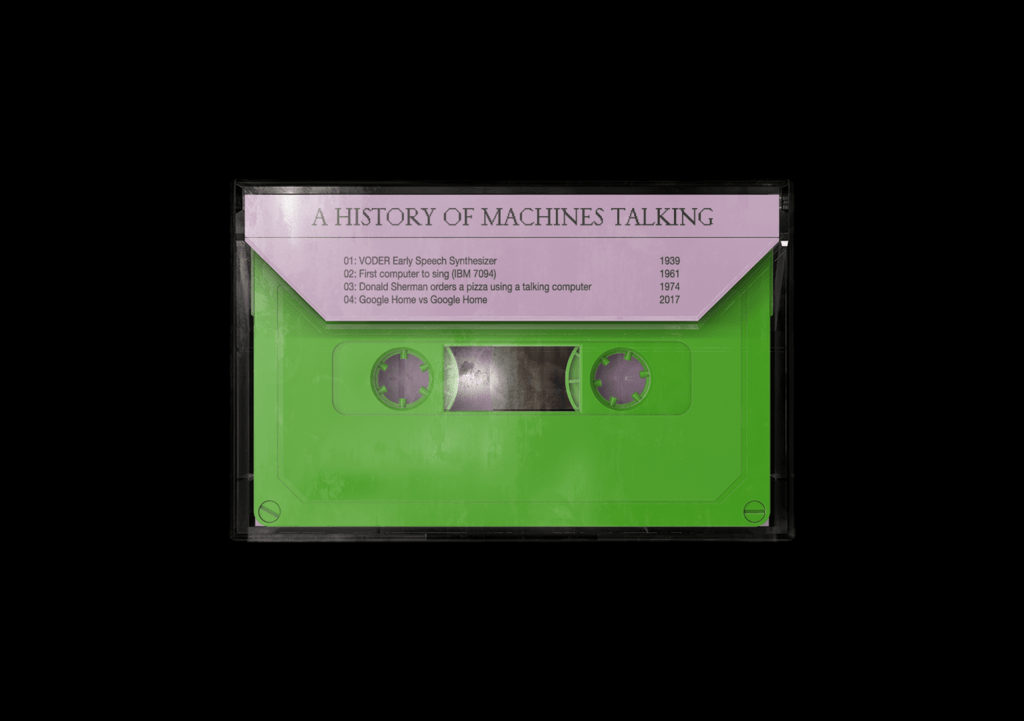 back of lilac cassette case with tracklist and green cassette inside