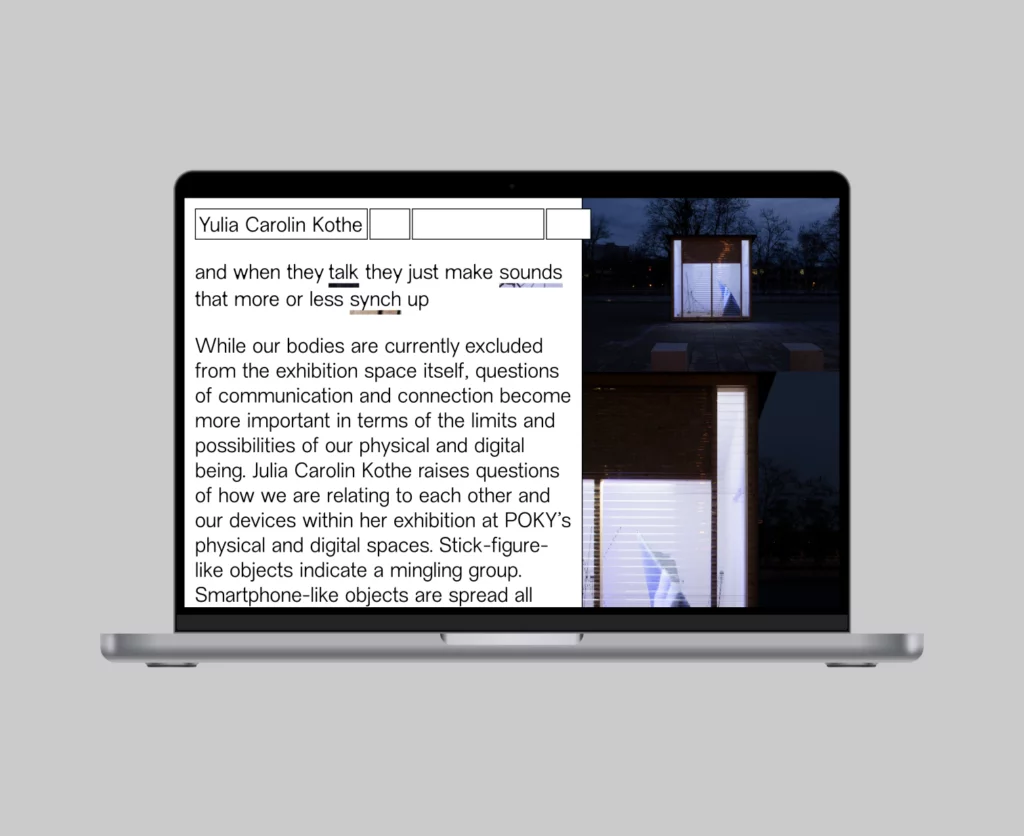 mockup of a project page on Yulia's site. the right side of the page has exhibition images and the left side has a white background with black text