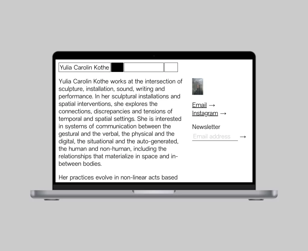 mockup of the Info page on Yulia's website, white background with black text