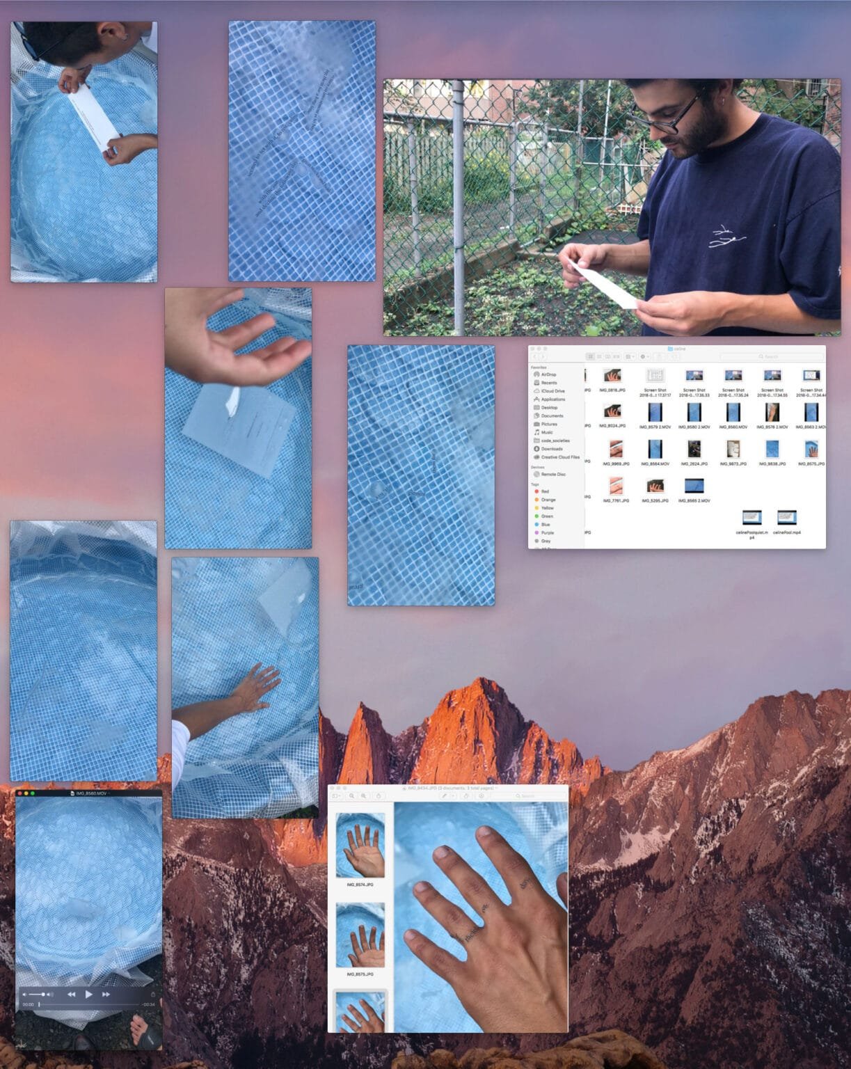 screenshot of different windows open on computer showing images of hands in a blue pool with floating words